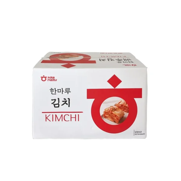 A sturdy white shipping box with the red HanMaru logo, Korean text “한마루 김치,” and an image of napa cabbage kimchi.