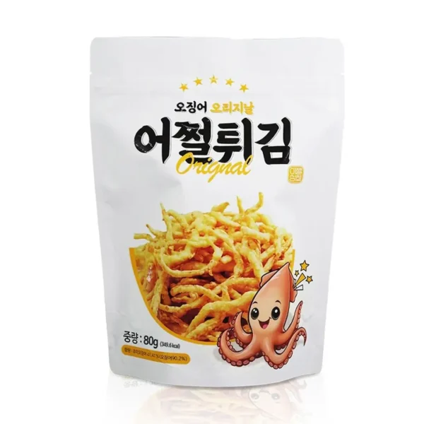 A white stand-up pouch of 어쩔튀김 Original fried-squid snack, showing golden crispy squid strips and a smiling cartoon squid on the front.